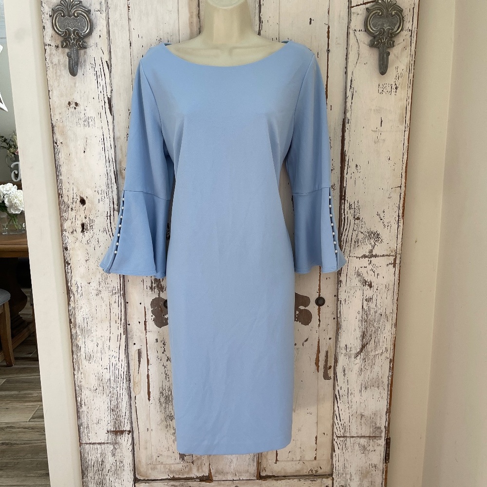 Calvin Klein Sz 16 Womans Light Blue Bell Sleeve Beaded Pearl Career Party Dress